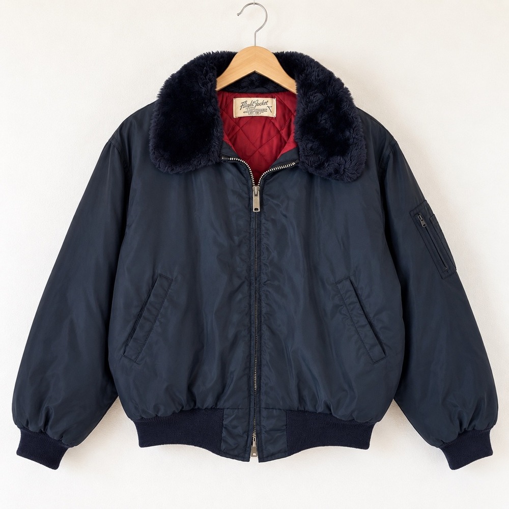 Vintage Flight Jacket Navy Blue Nylon Bomber Faux Fur Collar Red Quilted Lining